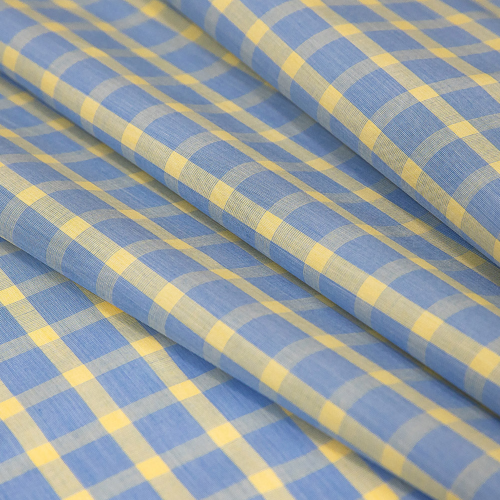 Premium Yellow and Blue Checkered and Hairline Striped Cotton Shirting Folded