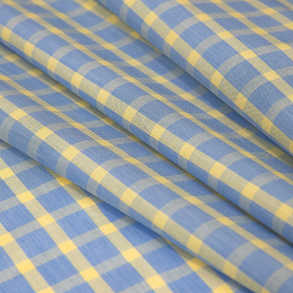 Premium Yellow and Blue Checkered and Hairline Striped Cotton Shirting Folded