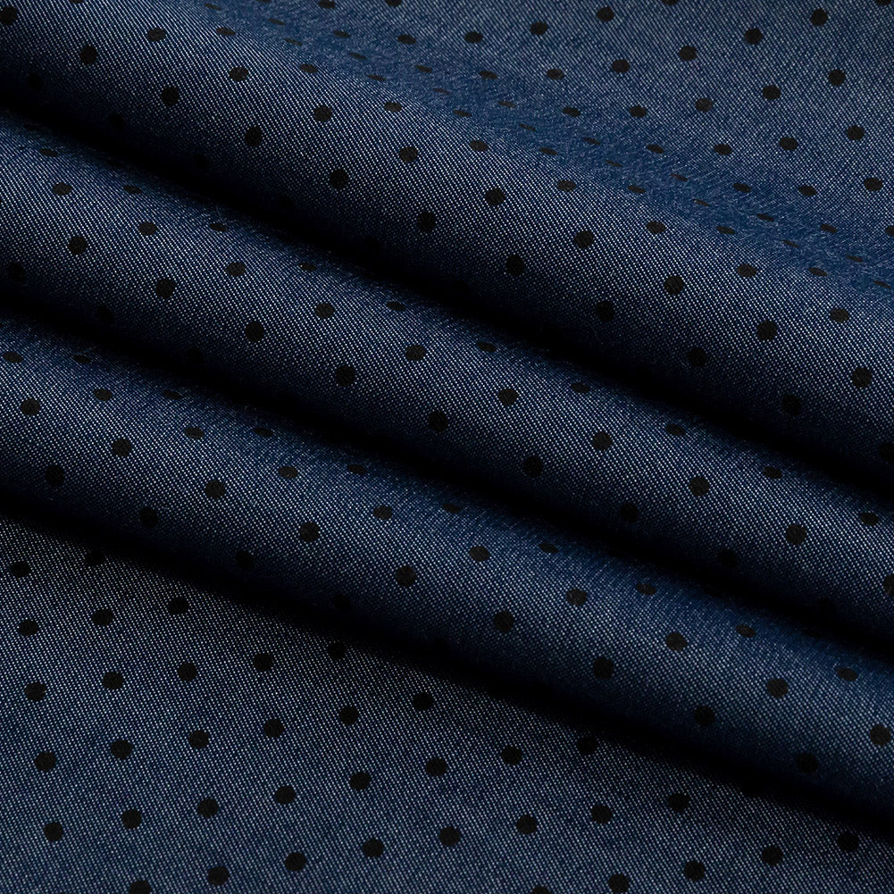 Premium Denim and Black Printed Polka Dots Cotton Shirting Folded