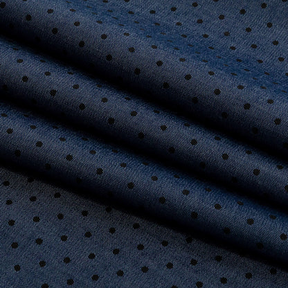 Premium Denim and Black Printed Polka Dots Cotton Shirting Folded