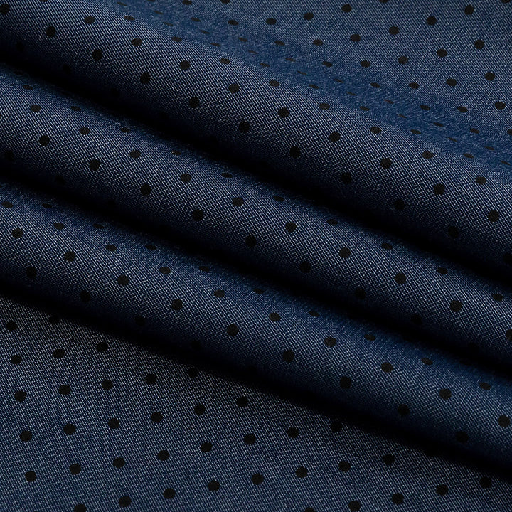 Premium Denim and Black Printed Polka Dots Cotton Shirting Folded