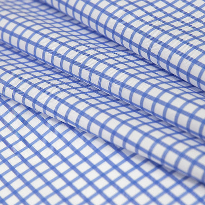 Premium Serenity Blue and White Checkered Wrinkle Resistant Dobby Cotton Shirting Folded