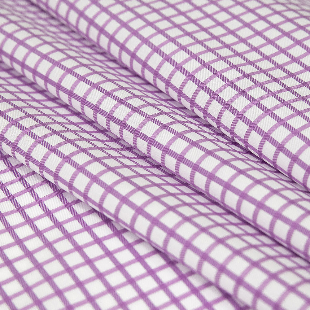 Premium Lilac and White Checkered Wrinkle Resistant Dobby Cotton Shirting Folded