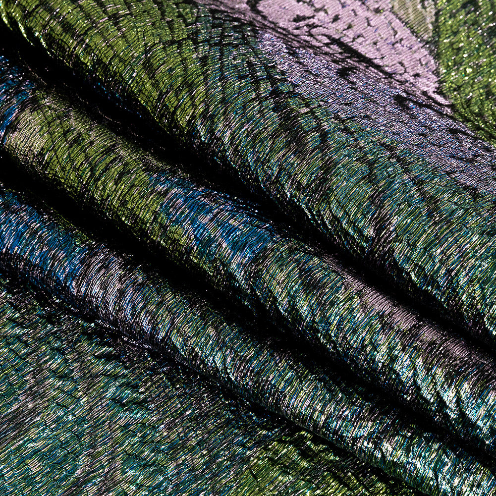 Metallic Diode Blue, Tortuga Bay and Dynasty Pink Peacock Feather Luxury Brocade