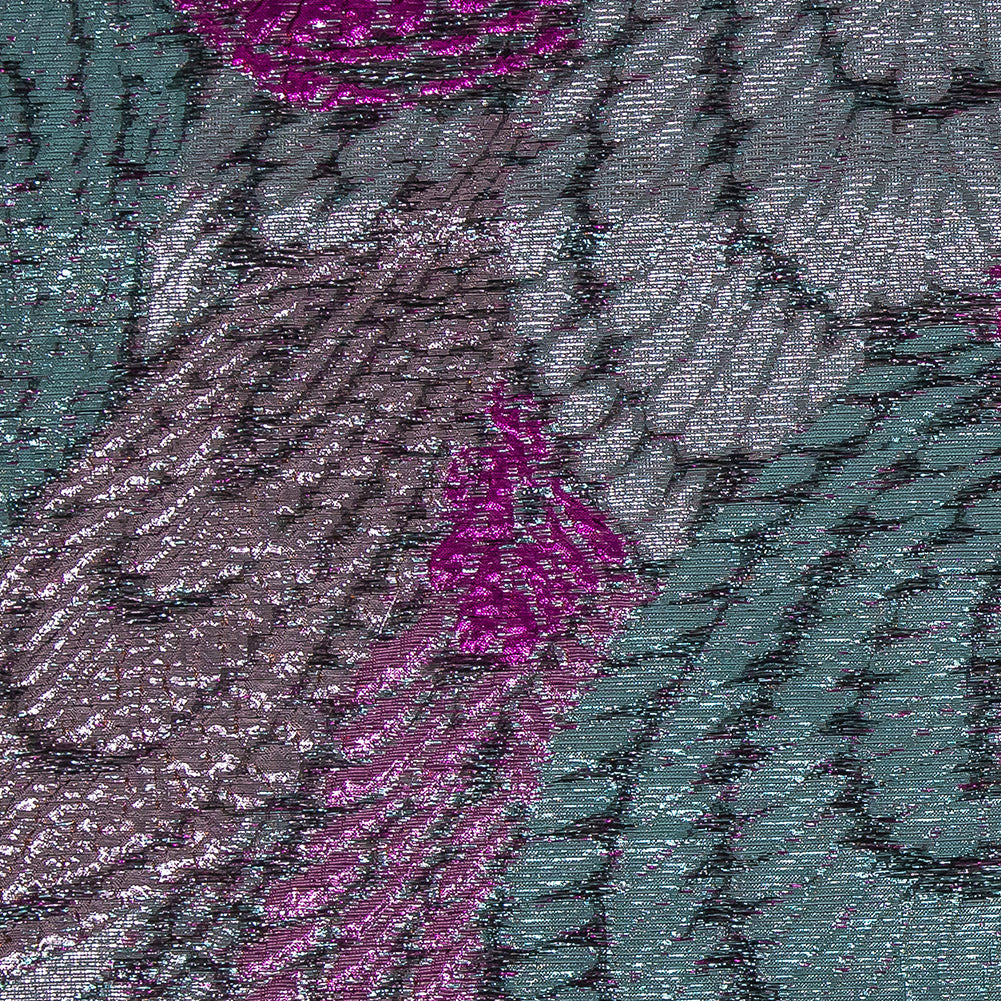Metallic Magenta, Rose Gold and Aqua Peacock Feather Luxury Brocade