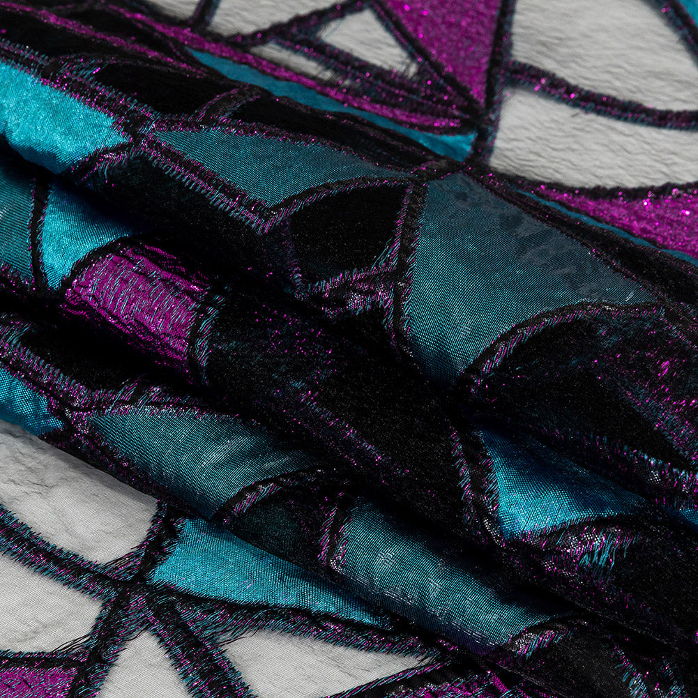 Metallic Teal and Sparkling Fuchsia Geometric Burnout Luxury Brocade - Folded