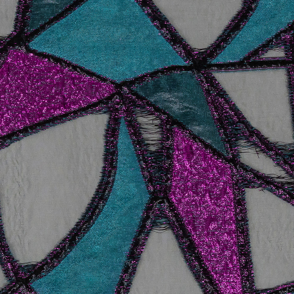 Metallic Teal and Sparkling Fuchsia Geometric Burnout Luxury Brocade - Detail