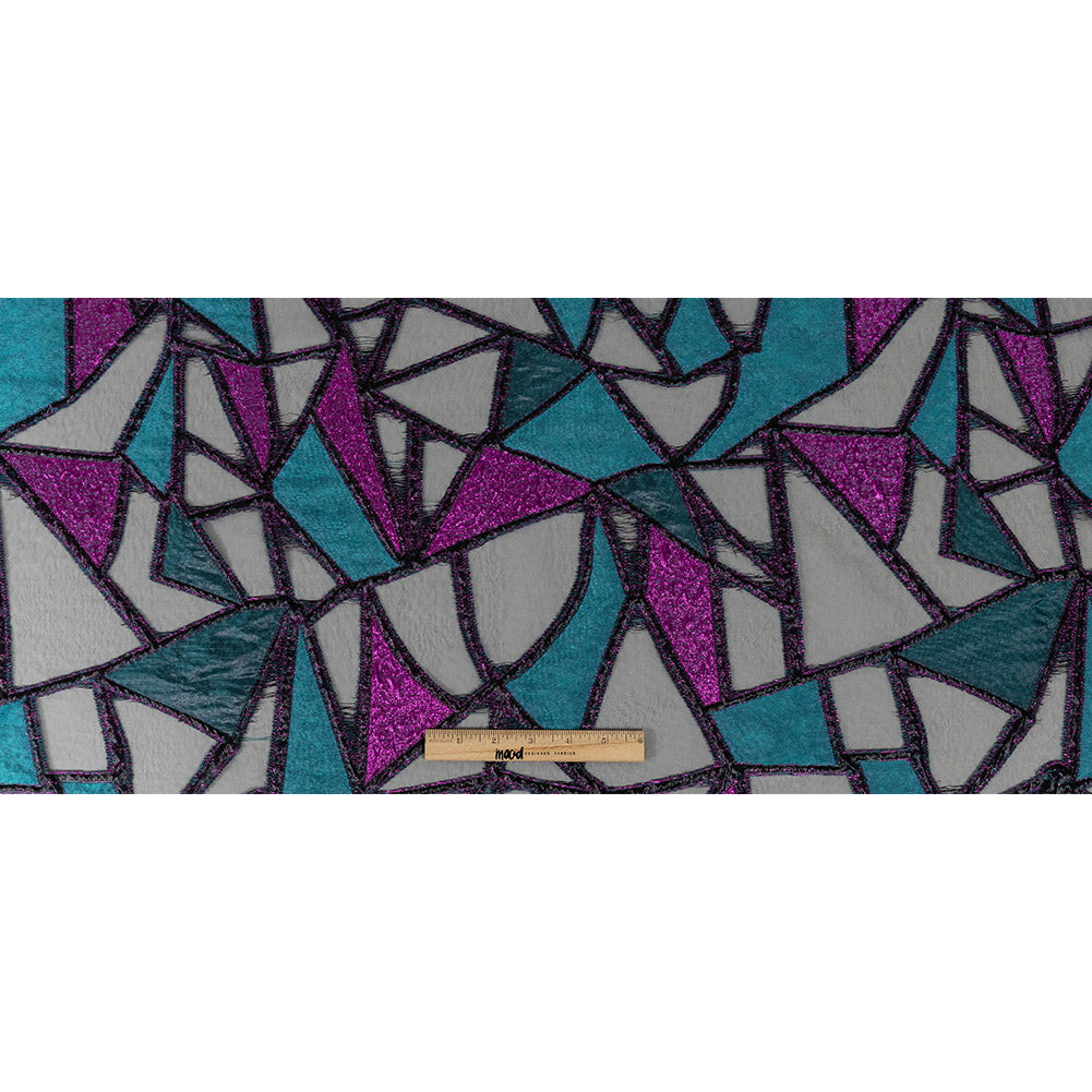 Metallic Teal and Sparkling Fuchsia Geometric Burnout Luxury Brocade - Full