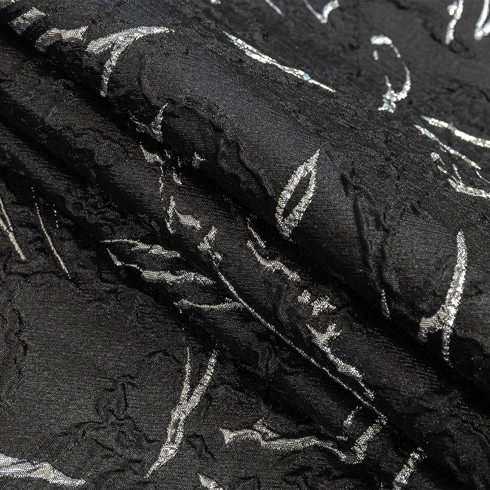 Metallic Silver and Black Floral Silhouettes Luxury Brocade - Folded