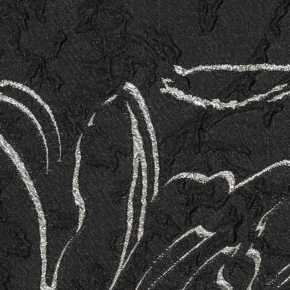 Metallic Silver and Black Floral Silhouettes Luxury Brocade - Detail