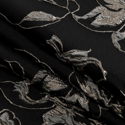 Brocado de lujo floral plateado metálico, negro y gris