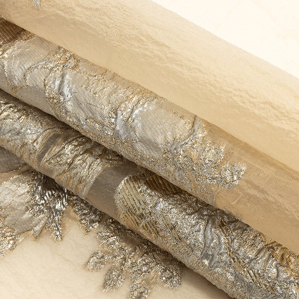 Metallic Silver and Beige Floral Luxury Burnout Brocade Folded