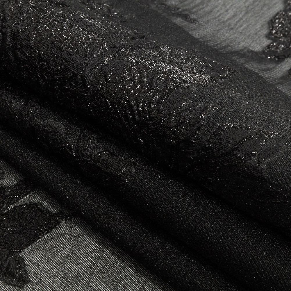 Metallic Black Floral Outlines Luxury Burnout Brocade - Folded