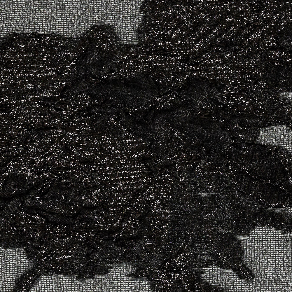 Metallic Black Floral Outlines Luxury Burnout Brocade - Detail
