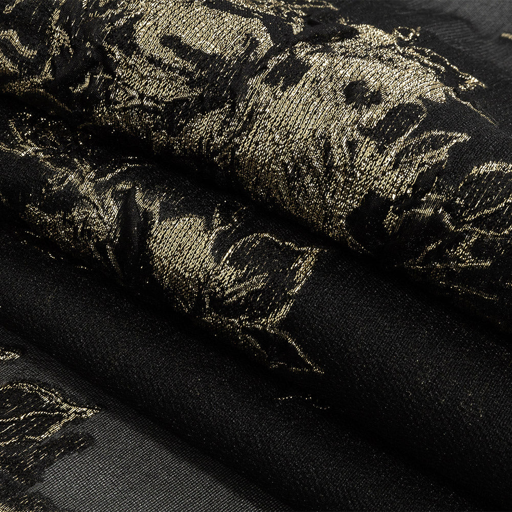 Metallic Gold and Black Floral Outlines Luxury Burnout Brocade