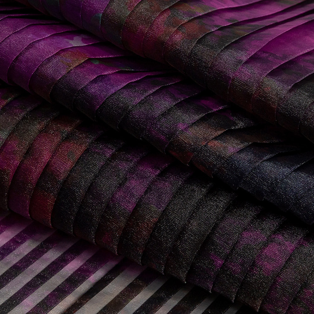 Accordion Pleated Organdy - Vivid Viola and Black Abstract - Folded
