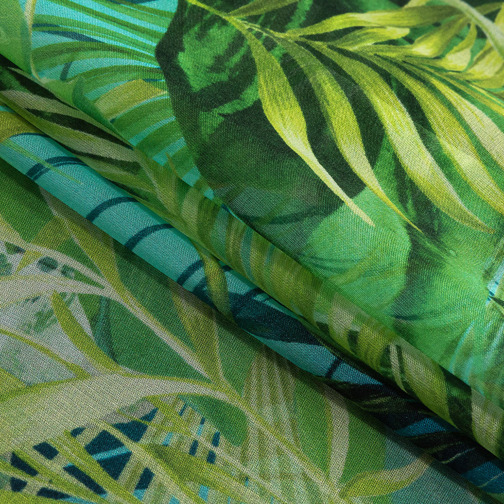 Mood Exclusive Italian Green and Blue Ferns and Foliage Digitally Printed Silk Chiffon Folded