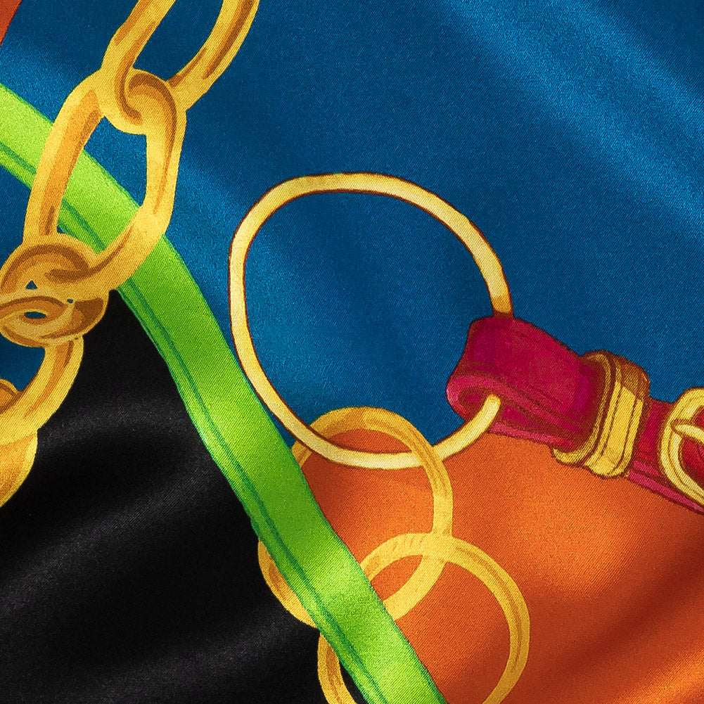 Mood Exclusive Italian Teal, Orange and Gold Chains and Purse Straps Digitally Printed Silk Charmeuse Detail