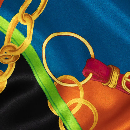 Mood Exclusive Italian Teal, Orange and Gold Chains and Purse Straps Digitally Printed Silk Charmeuse Detail