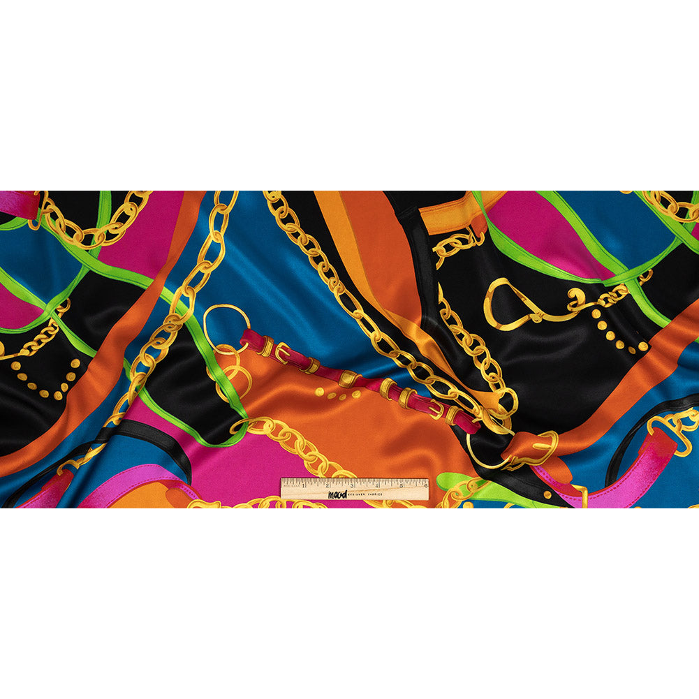 Mood Exclusive Italian Teal, Orange and Gold Chains and Purse Straps Digitally Printed Silk Charmeuse Full