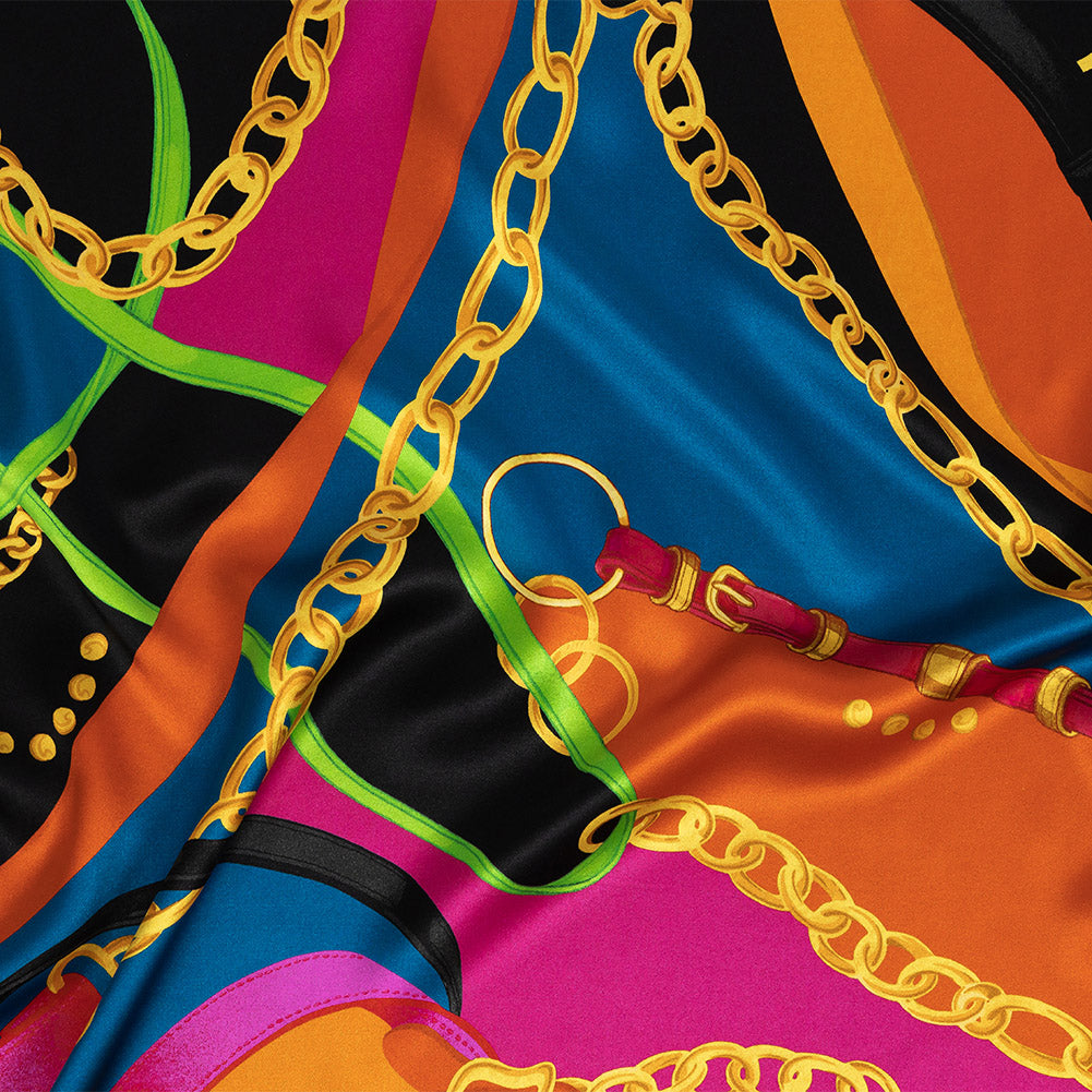 Mood Exclusive Italian Teal, Orange and Gold Chains and Purse Straps Digitally Printed Silk Charmeuse