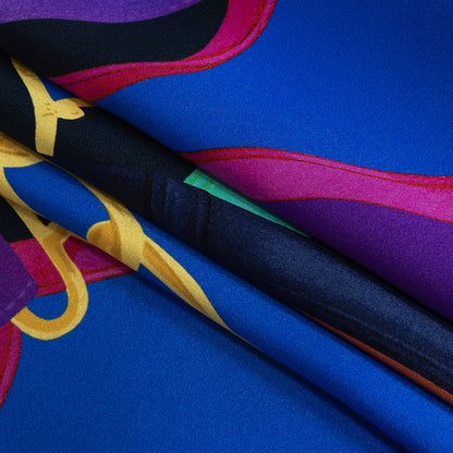 Mood Exclusive Italian Royal Blue, Orange and Gold Chains and Purse Straps Digitally Printed Silk Charmeuse Folded