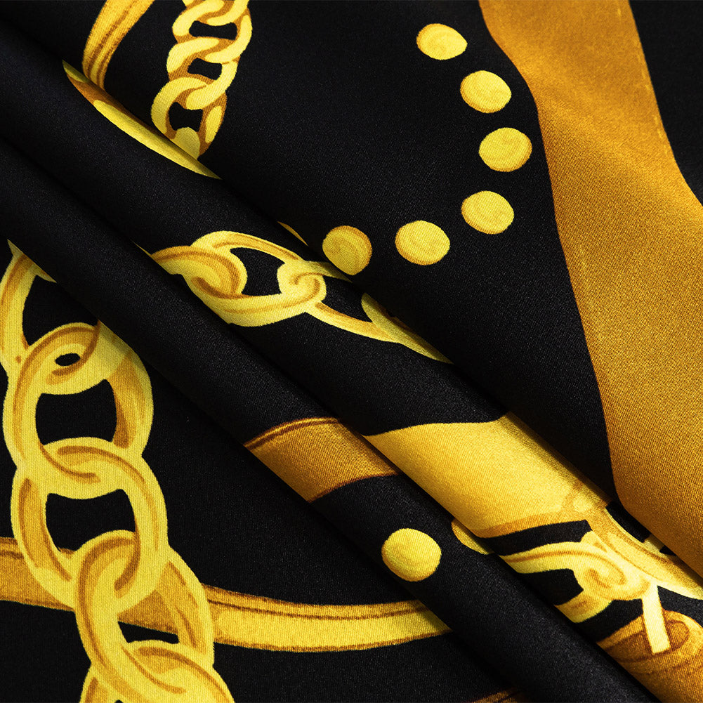 Mood Exclusive Italian Black and Gold Chains and Purse Straps Digitally Printed Silk Charmeuse Folded