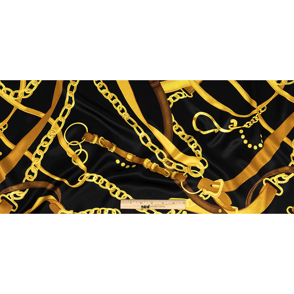 Mood Exclusive Italian Black and Gold Chains and Purse Straps Digitally Printed Silk Charmeuse Full