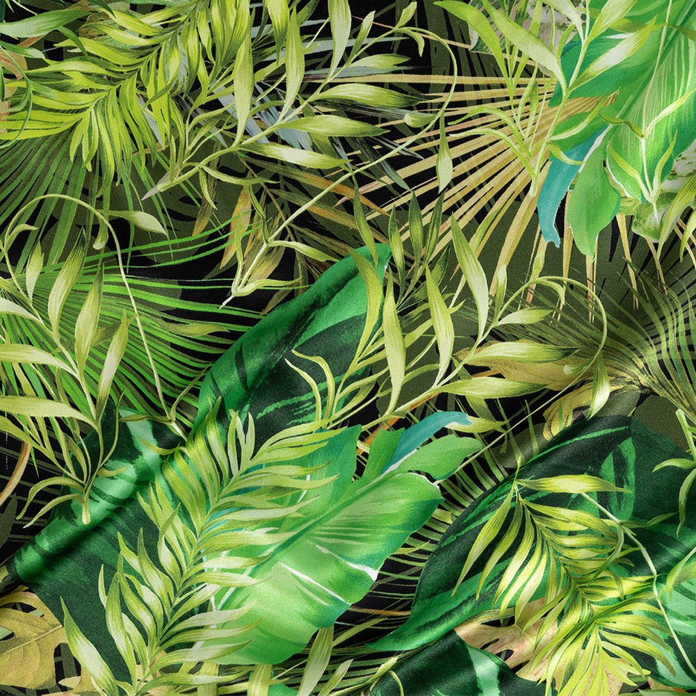 Mood Exclusive Italian Green and Black Ferns and Foliage Digitally Printed Silk Charmeuse
