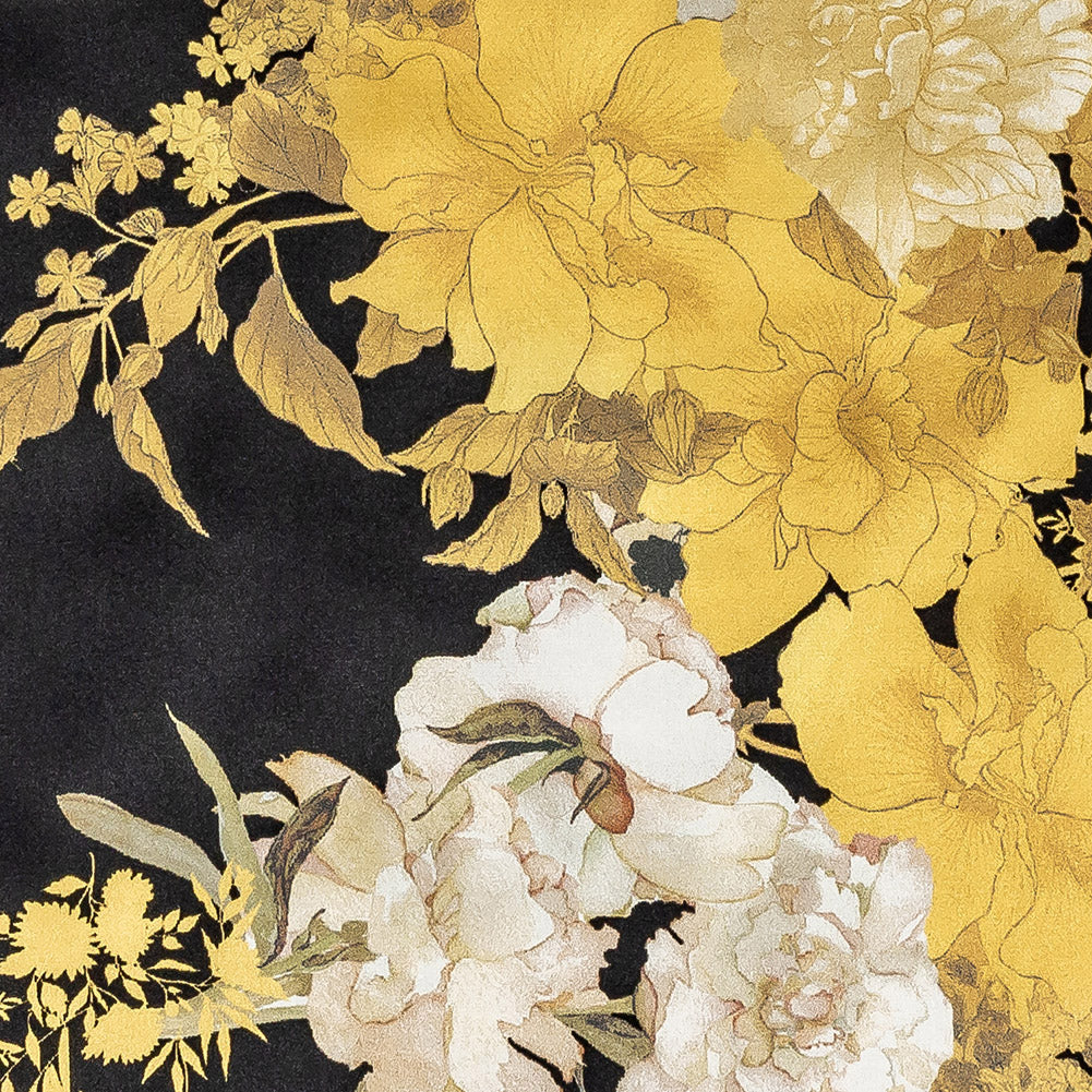 Mood Exclusive Italian Gold and Black Ornate Floral Digitally Printed Silk Charmeuse Panel Detail