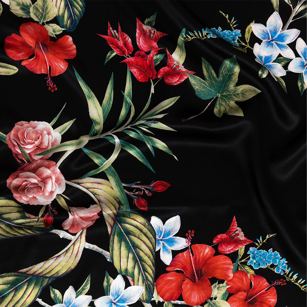 Mood Exclusive Italian Black, Red and Blue Floral Border Digitally Printed Silk Charmeuse
