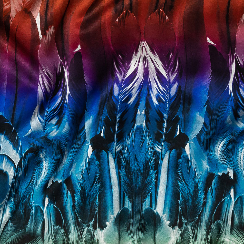 Mood Exclusive Italian Rainbow Feathers Digitally Printed Silk Charmeuse Panel Detail