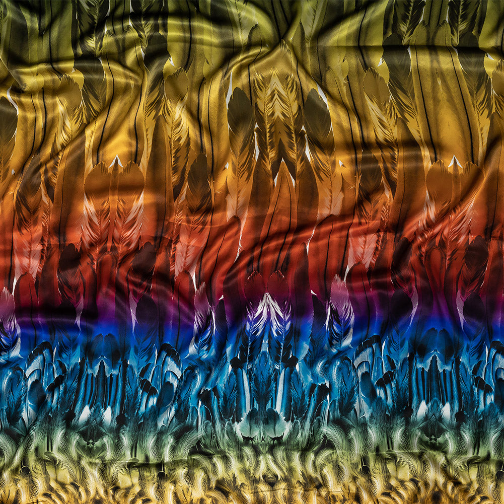 Mood Exclusive Italian Rainbow Feathers Digitally Printed Silk Charmeuse Panel