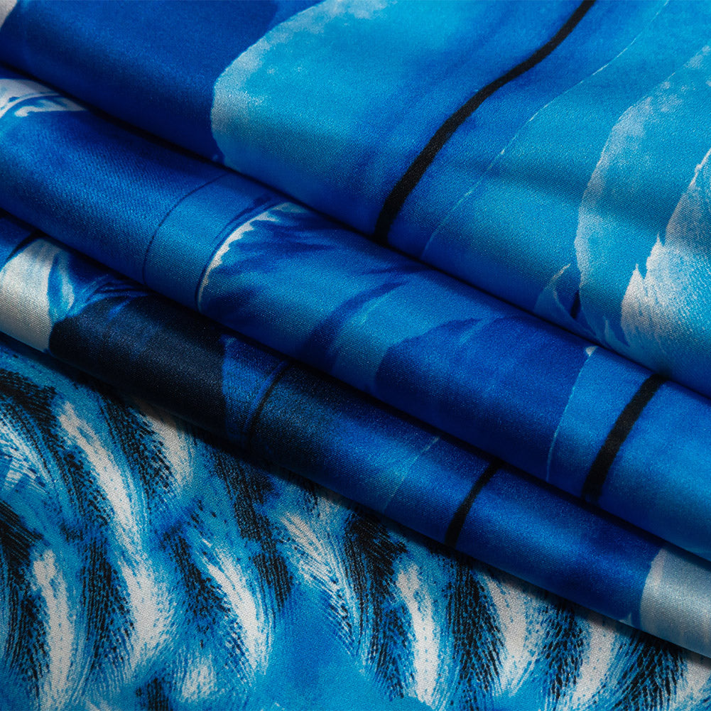 Mood Exclusive Italian Gradient Blue Feathers Digitally Printed Silk Charmeuse Panel Folded