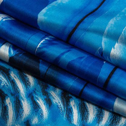 Mood Exclusive Italian Gradient Blue Feathers Digitally Printed Silk Charmeuse Panel Folded