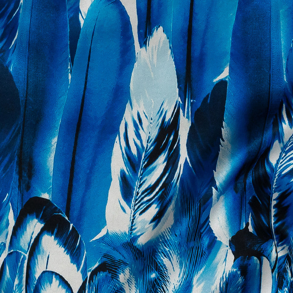Mood Exclusive Italian Gradient Blue Feathers Digitally Printed Silk Charmeuse Panel Detail