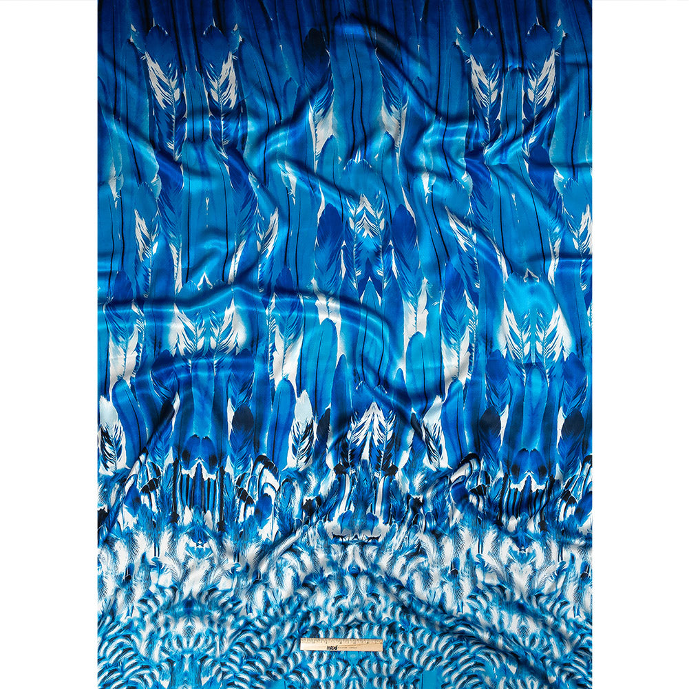 Mood Exclusive Italian Gradient Blue Feathers Digitally Printed Silk Charmeuse Panel Full
