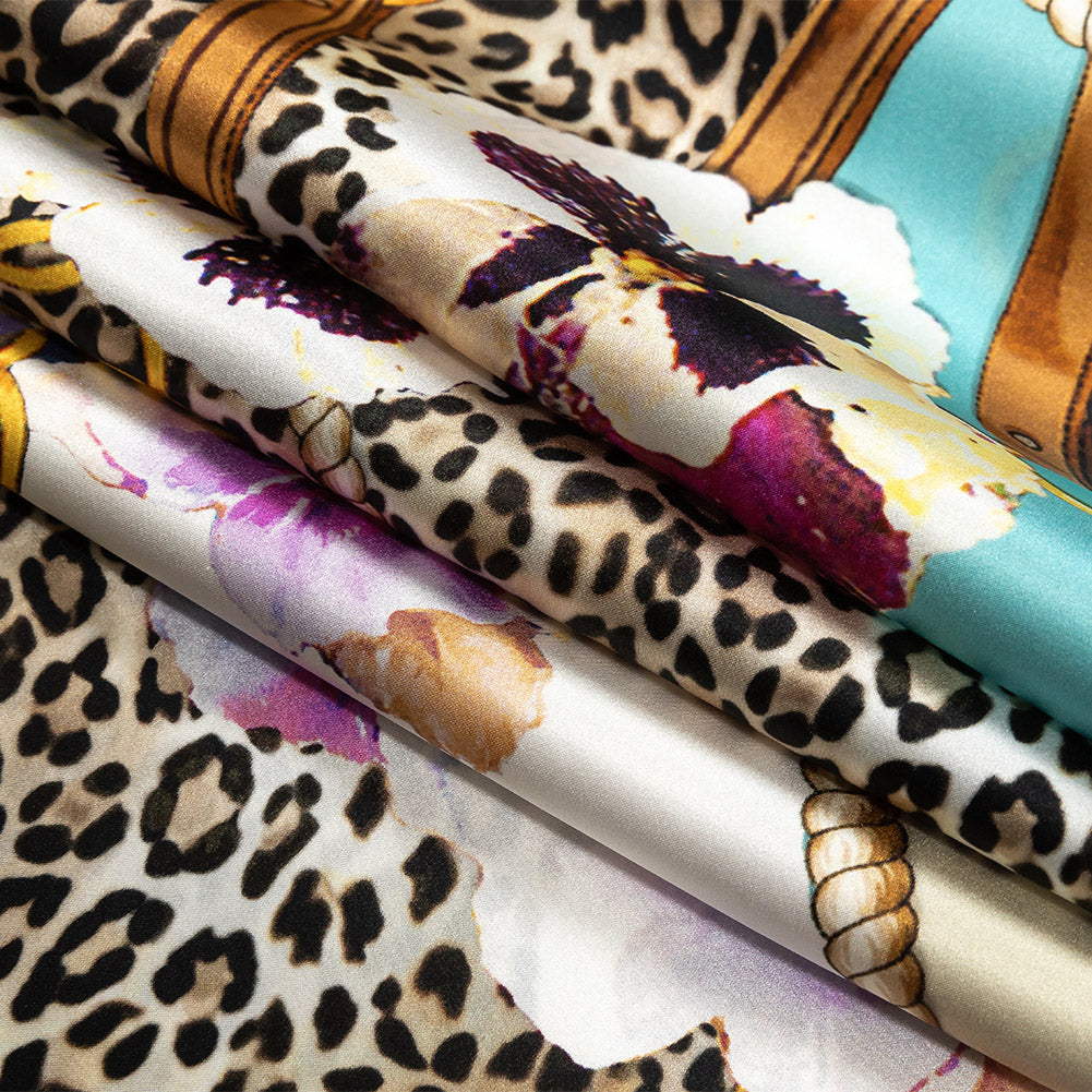 Mood Exclusive Italian Chains, Straps, Flora and Leopard Spots Digitally Printed Silk Charmeuse Panel Folded