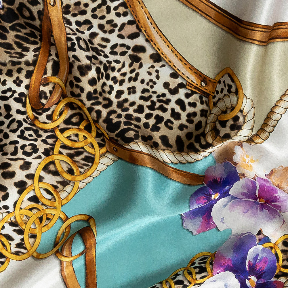 Mood Exclusive Italian Chains, Straps, Flora and Leopard Spots Digitally Printed Silk Charmeuse Panel Detail