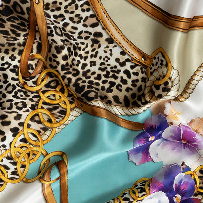 Mood Exclusive Italian Chains, Straps, Flora and Leopard Spots Digitally Printed Silk Charmeuse Panel Detail