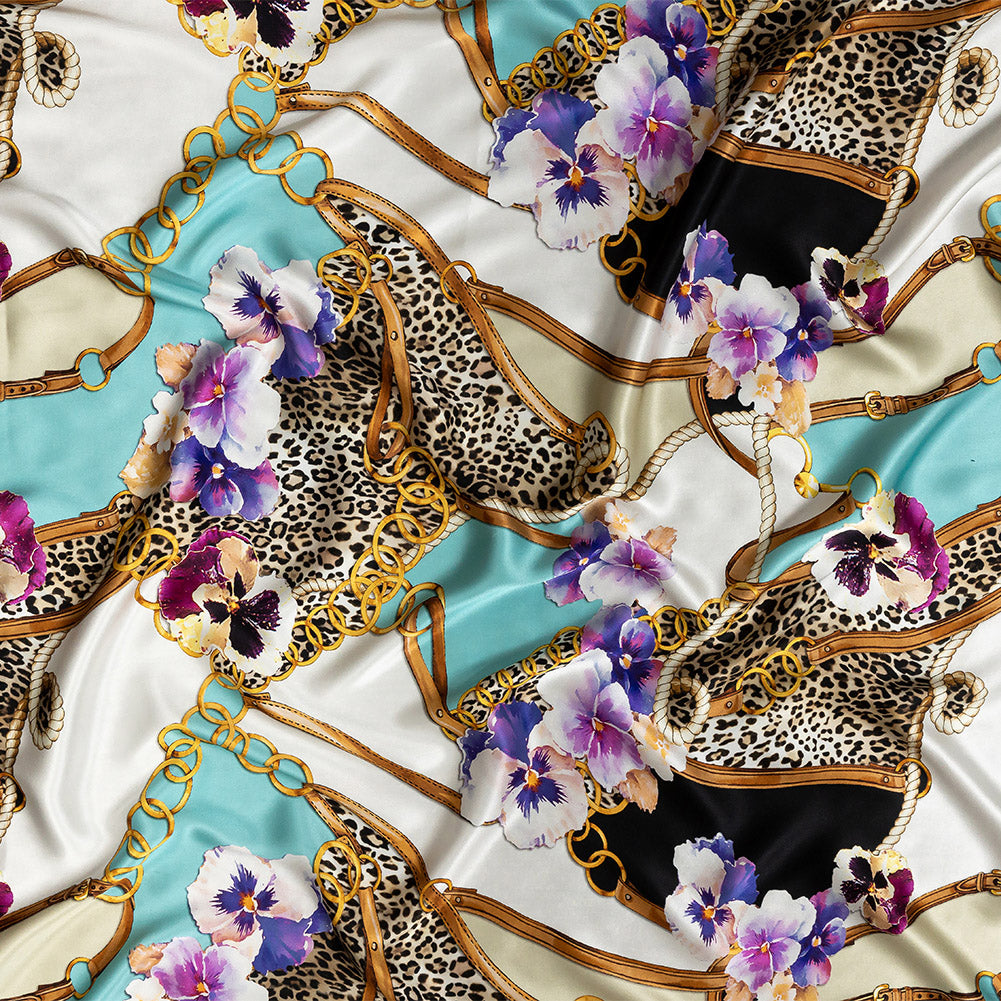 Mood Exclusive Italian Chains, Straps, Flora and Leopard Spots Digitally Printed Silk Charmeuse Panel