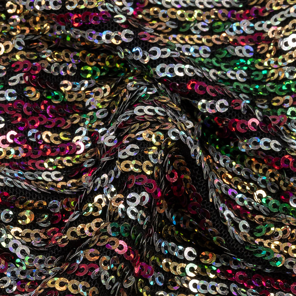 Mesh with Sequins - Metallic Rainbow on Black - Flavio Collection - Detail
