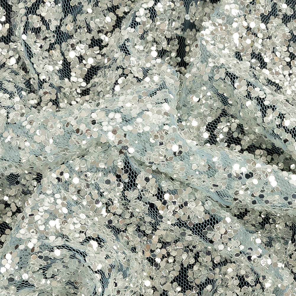 Tulle with Glitter Clusters - Blue with Platinum - Eminence Collection - Folded