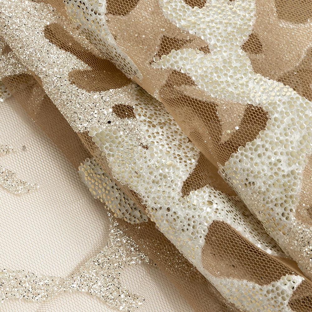 Mesh Lace with Glitter and Foiled Dots - Pale Gold Abstract Coral Folded
