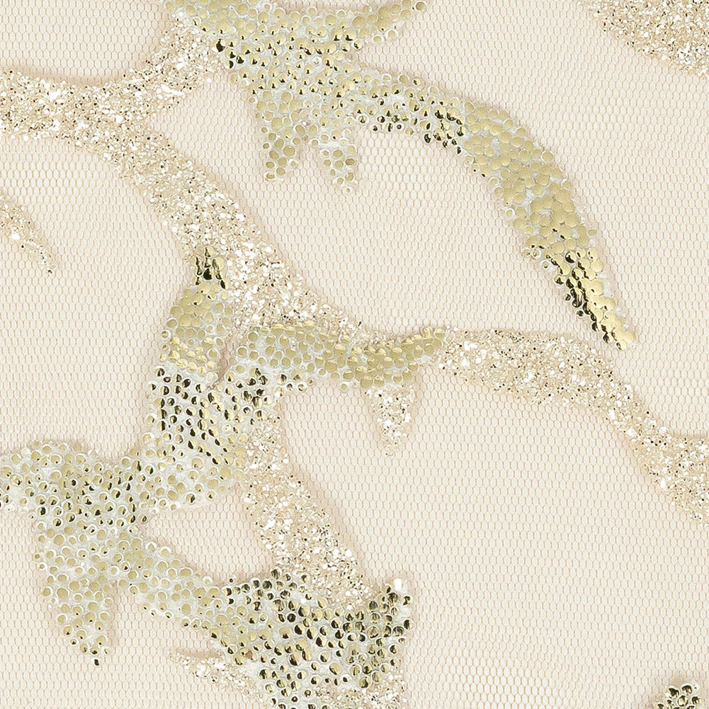 Mesh Lace with Glitter and Foiled Dots - Pale Gold Abstract Coral Detail