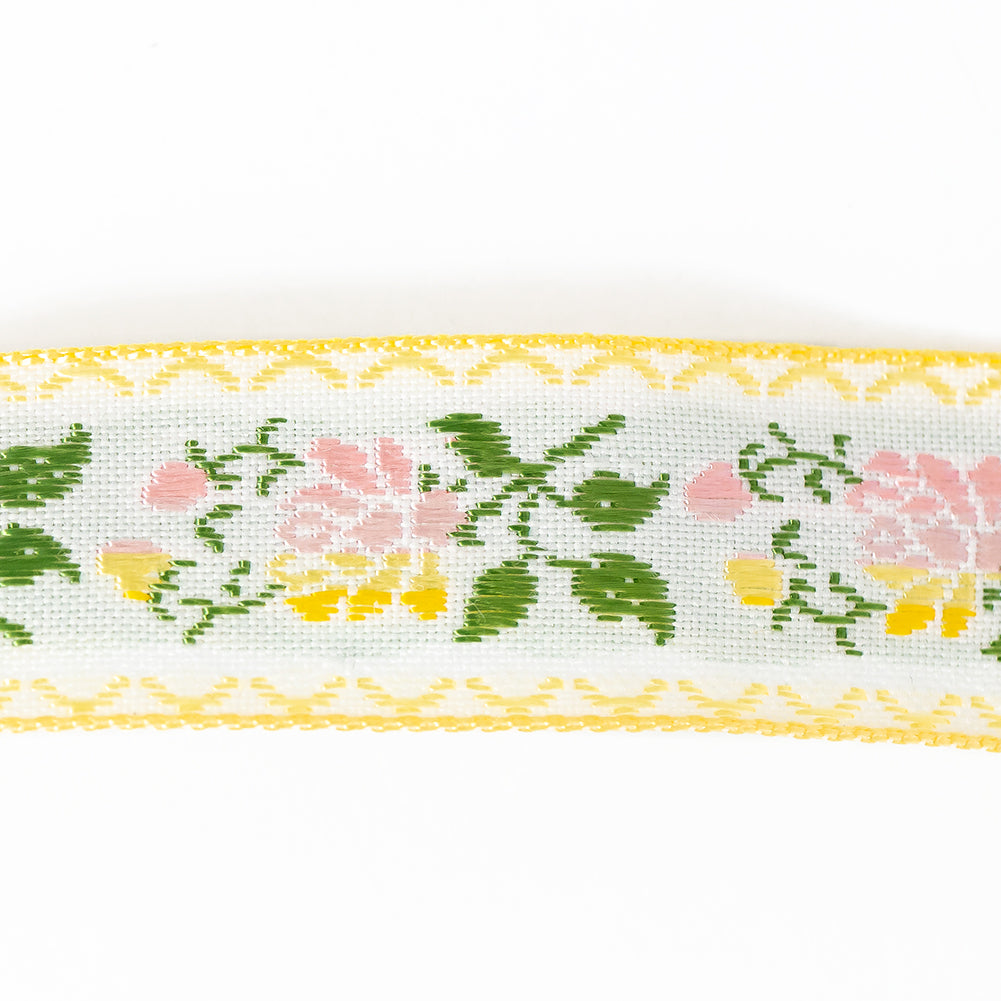 Yellow, Pink and Green Floral German Jacquard Ribbon - 0.875" Detail