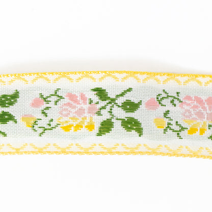 Yellow, Pink and Green Floral German Jacquard Ribbon - 0.875" Detail