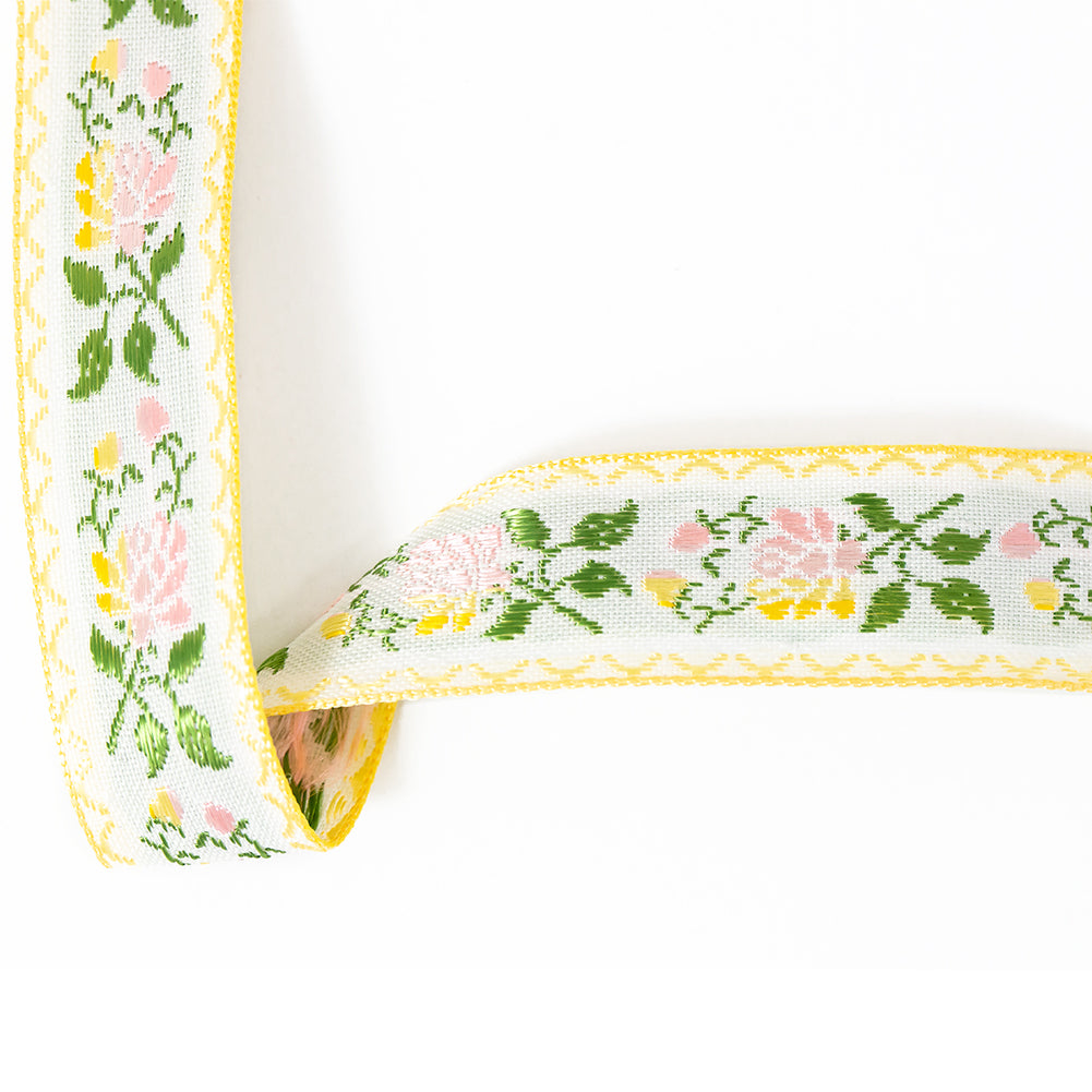 Yellow, Pink and Green Floral German Jacquard Ribbon - 0.875"