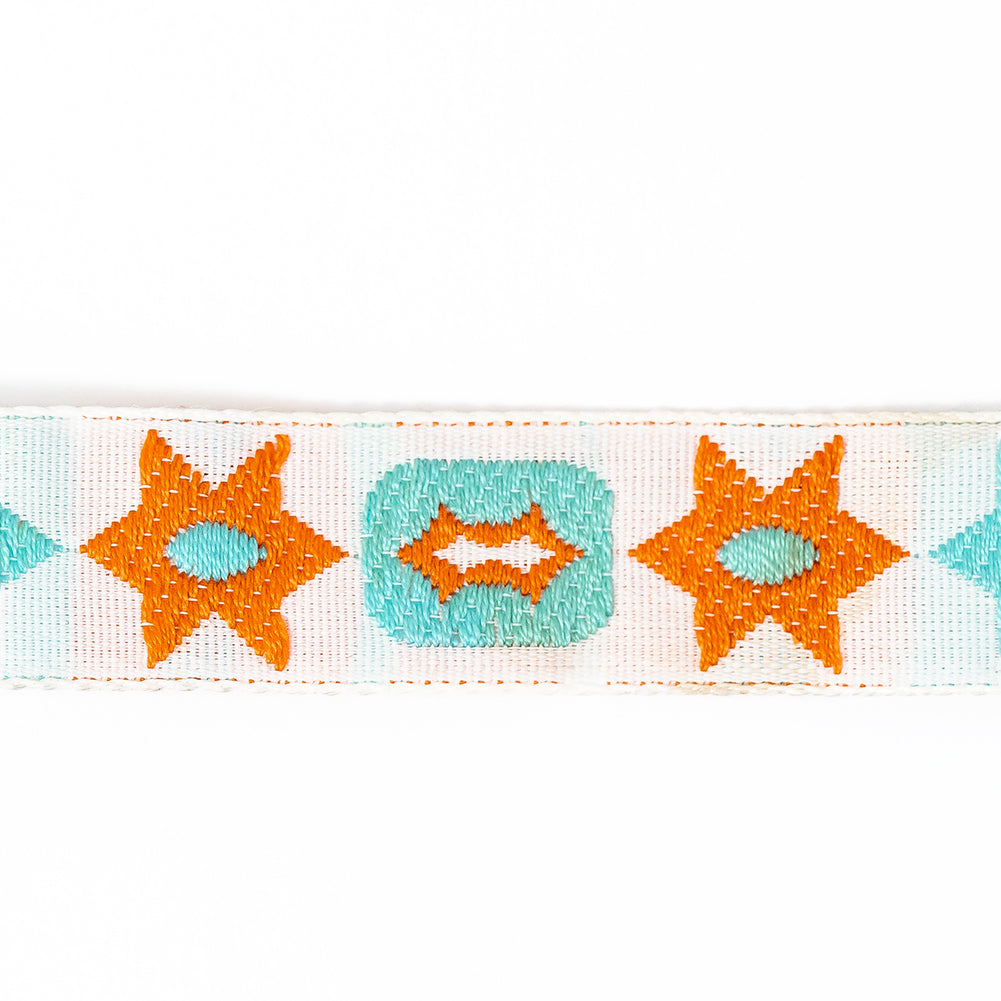 Orange and Blue Geometric Jacquard Ribbon - 0.625" Detail