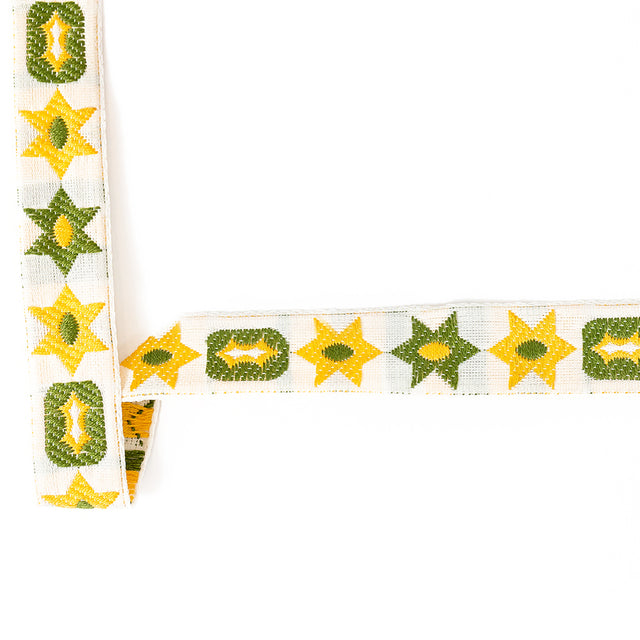 Yellow and Green Geometric Jacquard Ribbon - 0.625"